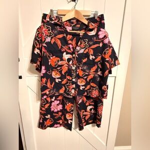 Laundry By Shelli Segal Navy Floral Shirt and Pant Set Women’s Large Linen Blend